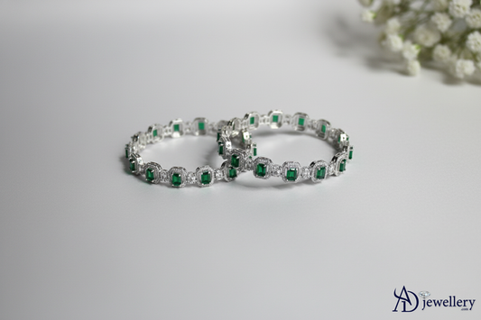 ADjewellery Rhodium Plated CZ (Cubic Zirconia) Verona Emerald Line Bangle Set
