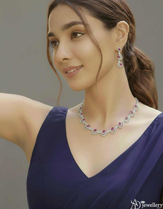 ADjewellery Rhodium Plated CZ (Cubic Zirconia) Crimson Ripple Diamond Set