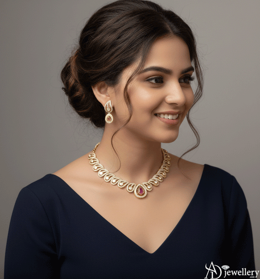 ADjewellery Rhodium Plated CZ (Cubic Zirconia) Ruby Petal Diamond Necklace Set