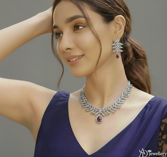 ADjewellery Rhodium Plated CZ (Cubic Zirconia) Stellar Fern Diamond & Ruby Set