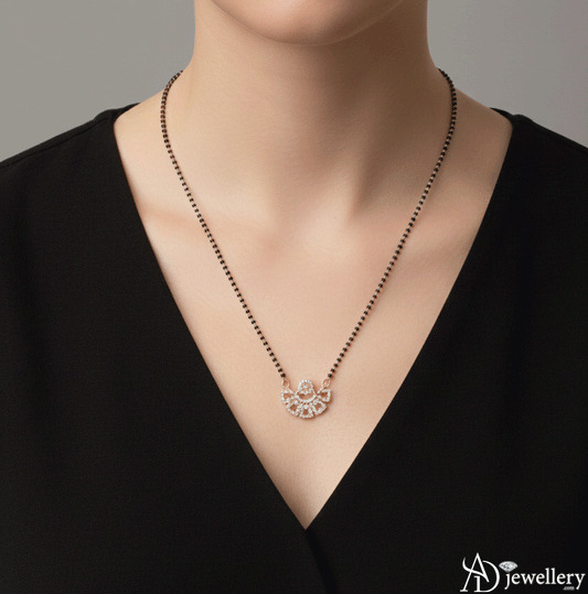 A model wearing the Neela Nira Diamond Mangalsutra, showcasing its black-bead chain and intricate fan-shaped diamond pendant